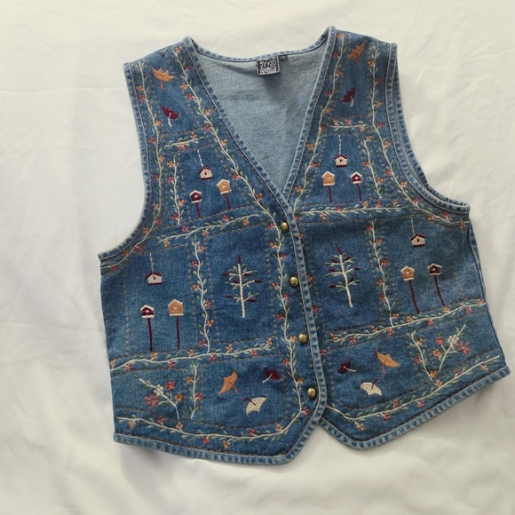 Vintage 90s Embroidered Birdhouse Denim Vest Cottagecore L - Picture 3 of 10